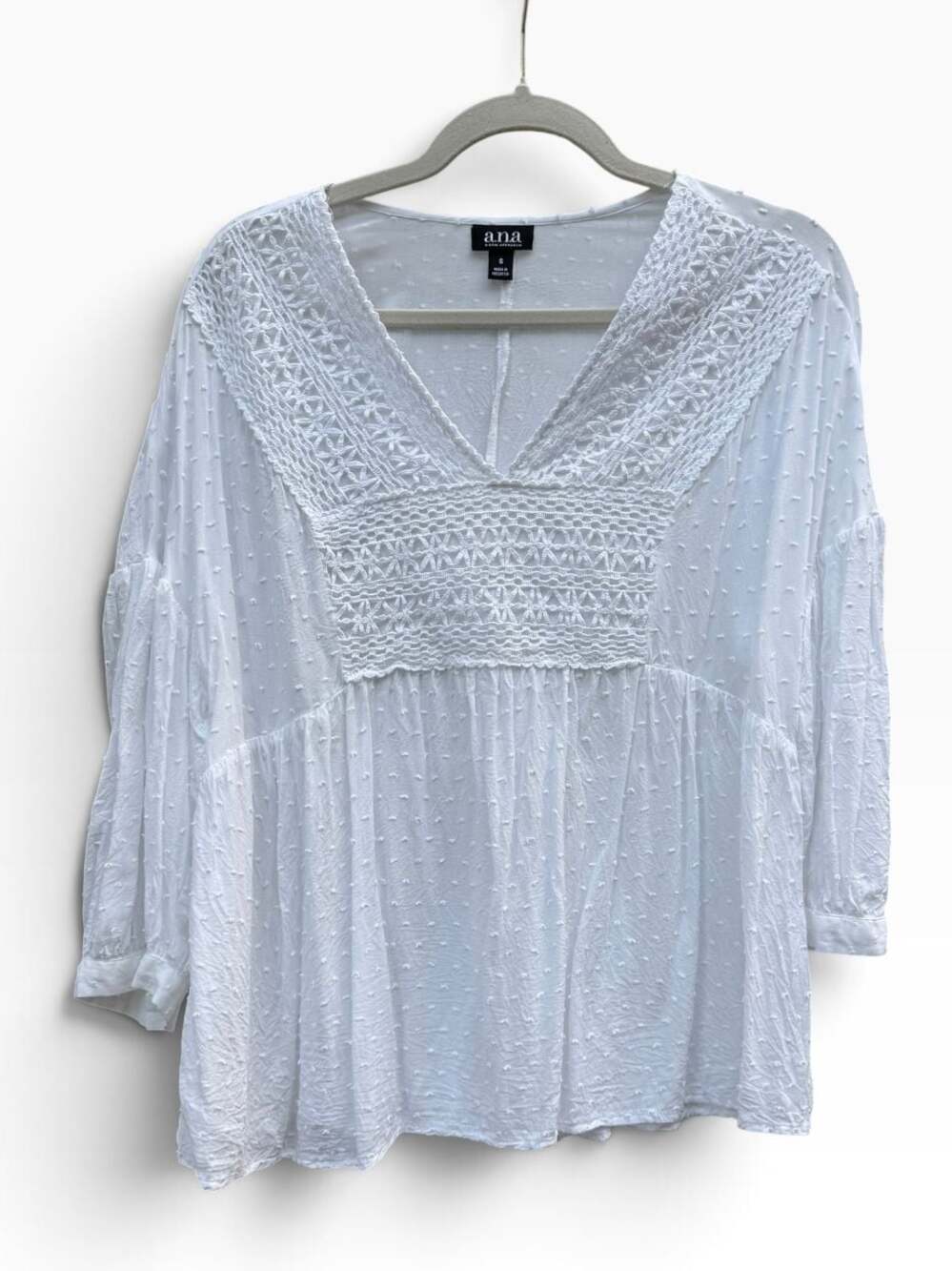 a.n.a White Swiss Dot V-Neck Blouse with Crochet Lace Trim, Size S